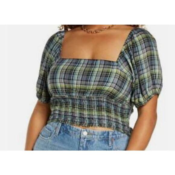 NEW BP Womens Smock Crop Top Green Size Medium Plaid Square Neck Puff Sleeve - Picture 1 of 7